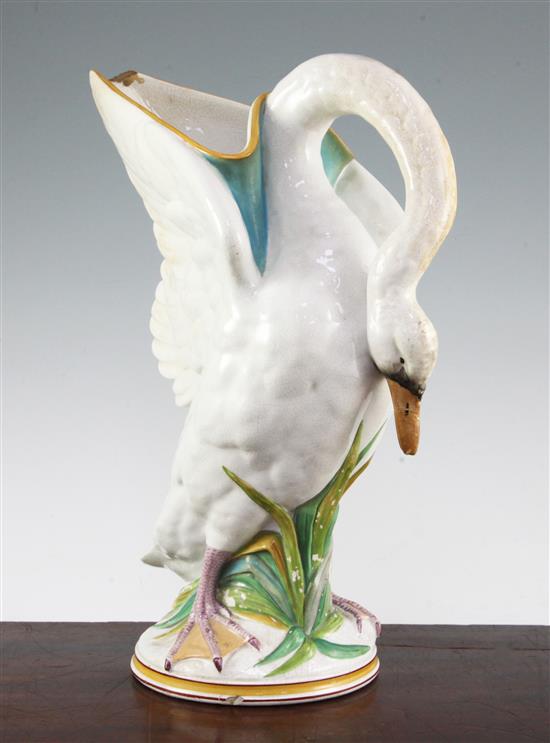 A Wedgwood earthenware swan jug, mid 19th century, 35cm, faults